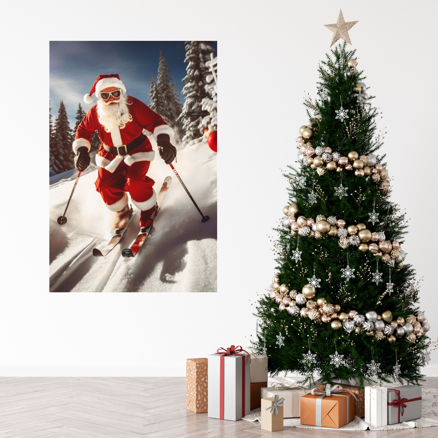 santa snow skiing canvas print