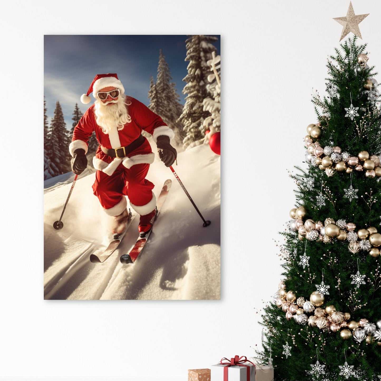 Santa on snow skis stretched canvas print gallery wrap easy ready to hang