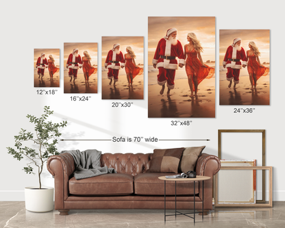 mr and mrs claus strolling on beach canvas print