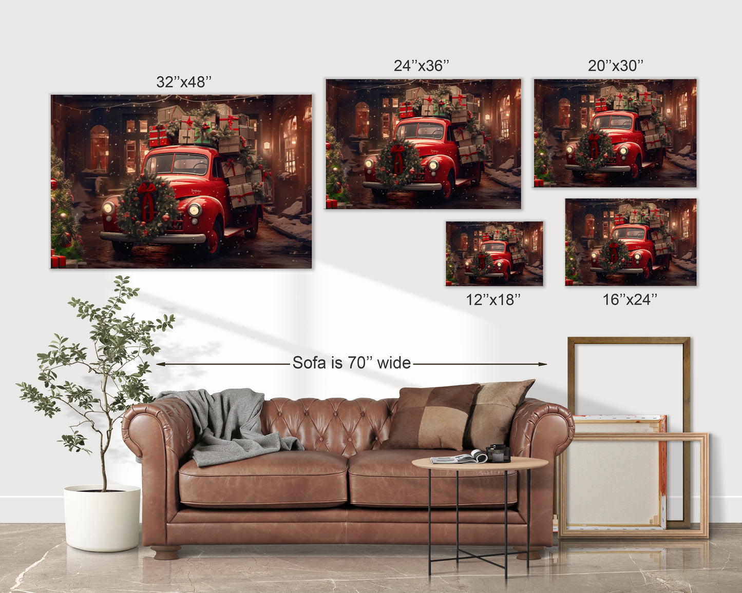 red christmas pickup truck canvas prints