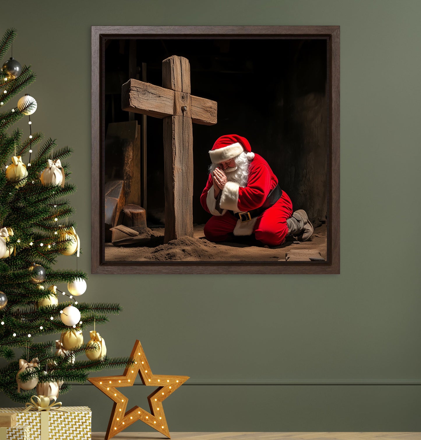 cross santa painting picture black wooden frame