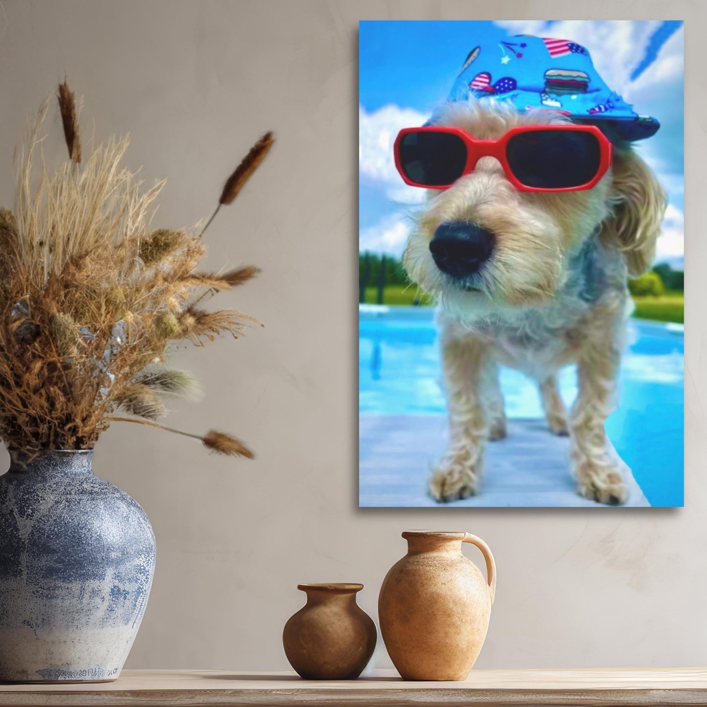 aesthetic dog wall decor painting art, dog sunglasses art