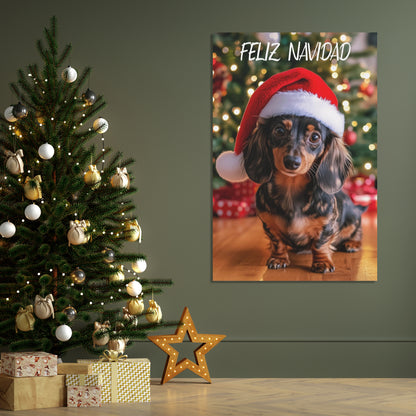 Dapple Dachshund Christmas wall art ideas, Feliz Navidad Dapple Dachshunds wearing Santa hat canvas print