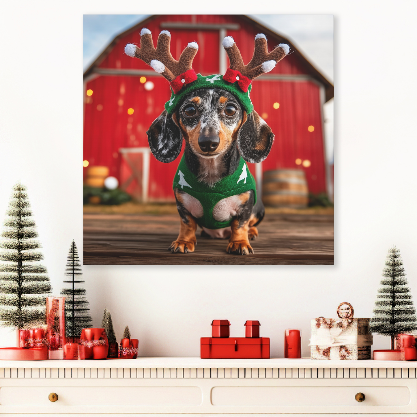 Christmas Dachshund with reindeer antlers wall decor