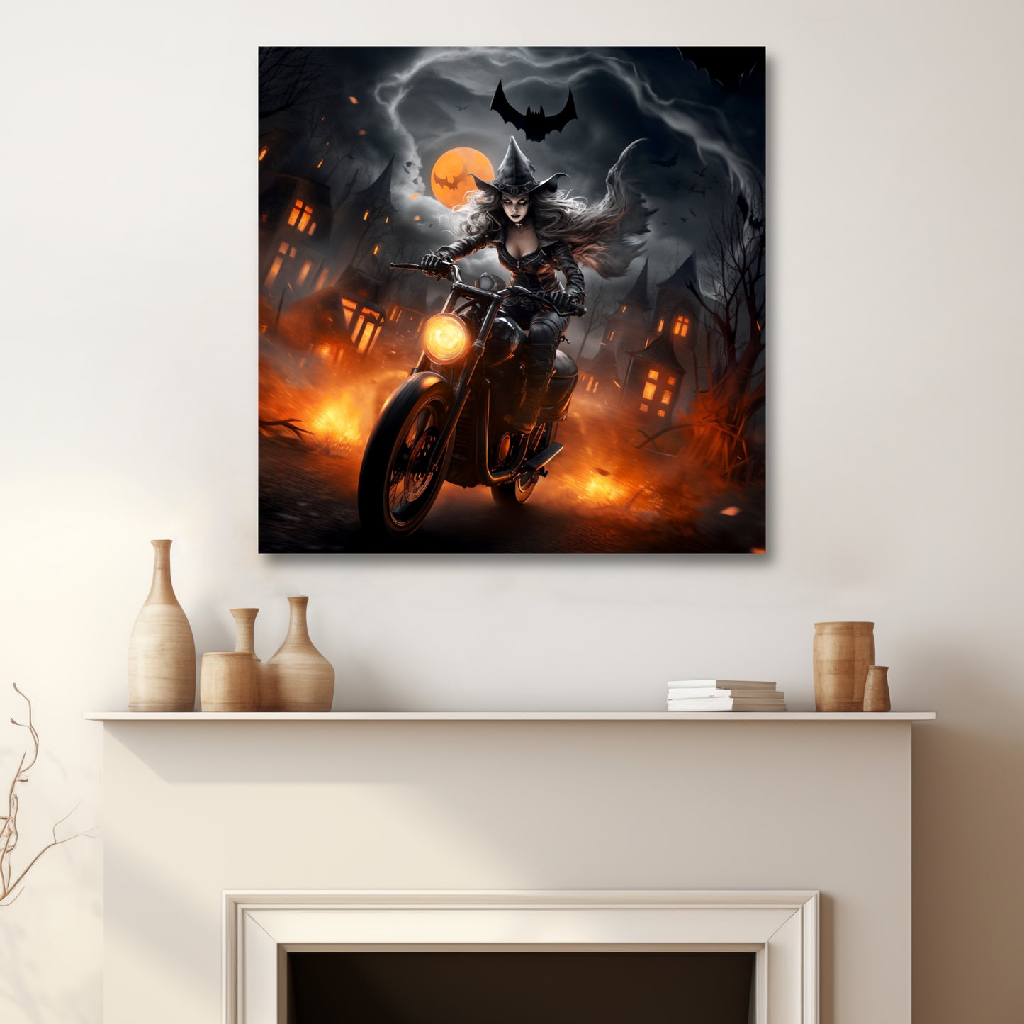 aesthetic halloween canvas print witch riding motorcycle, witch on motorcycle halloween art decor gifts