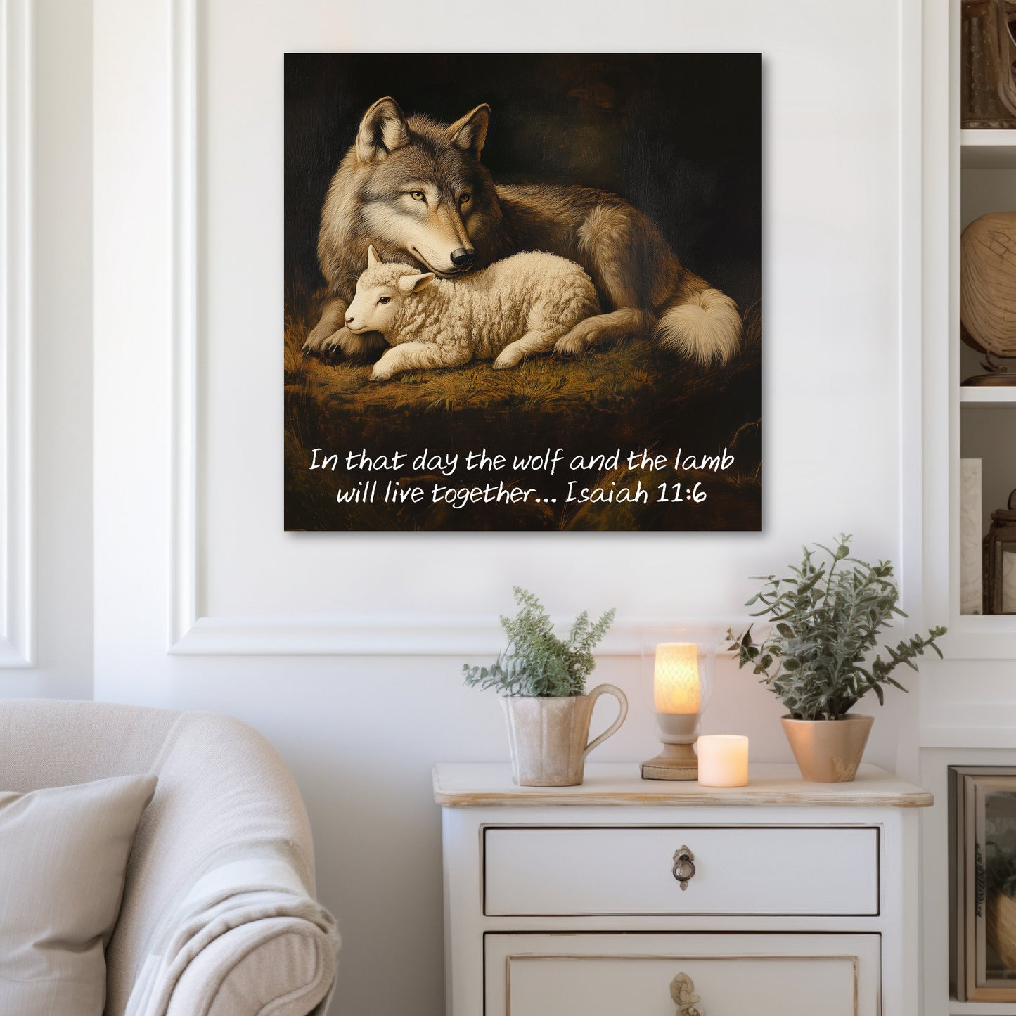 aesthetic christian wall art wolf and lamb laying together