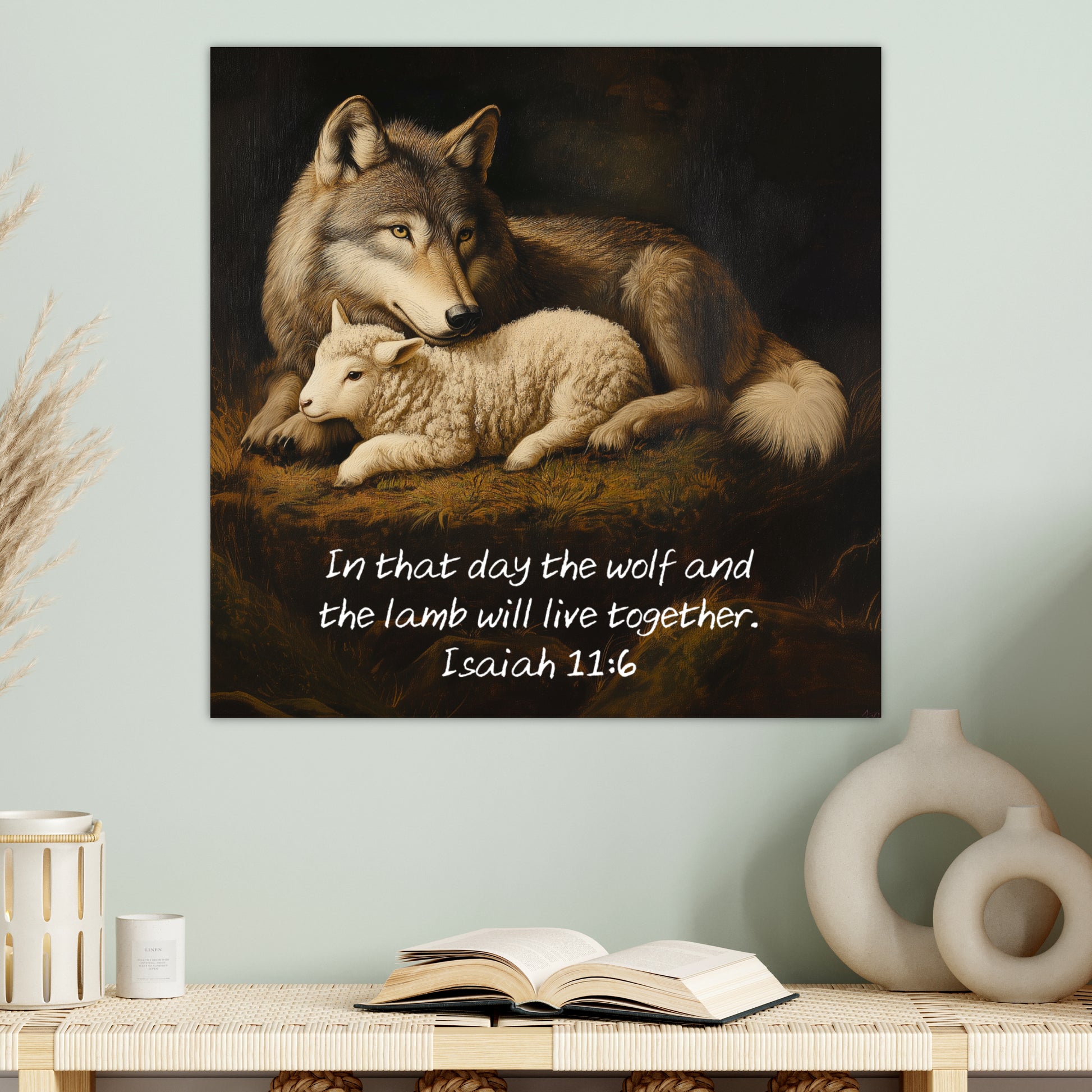 isaiah 11:6 decor wolf and lamb laying together picture