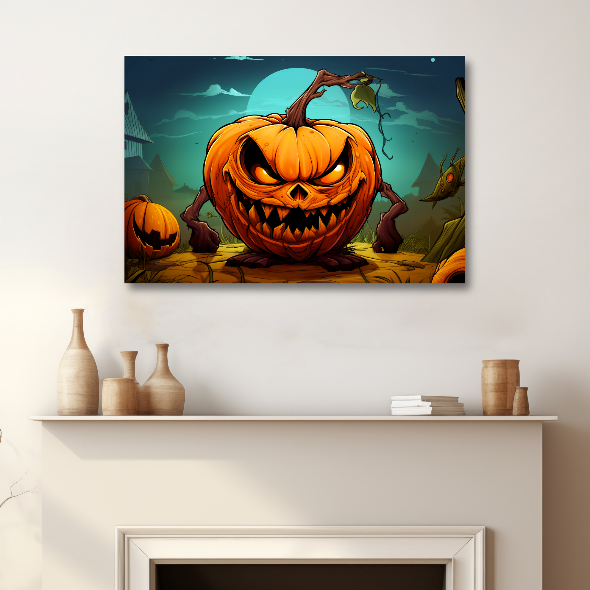 aesthetic Halloween cartoon jack-o-lantern canvas print, cartoon jack-o-lantern aesthetic Halloween wall decor