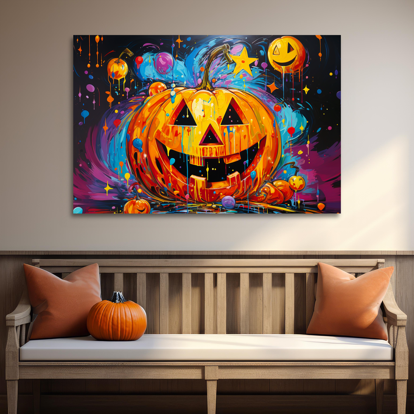 Peter Max style Halloween jack-o-lantern decor indoor