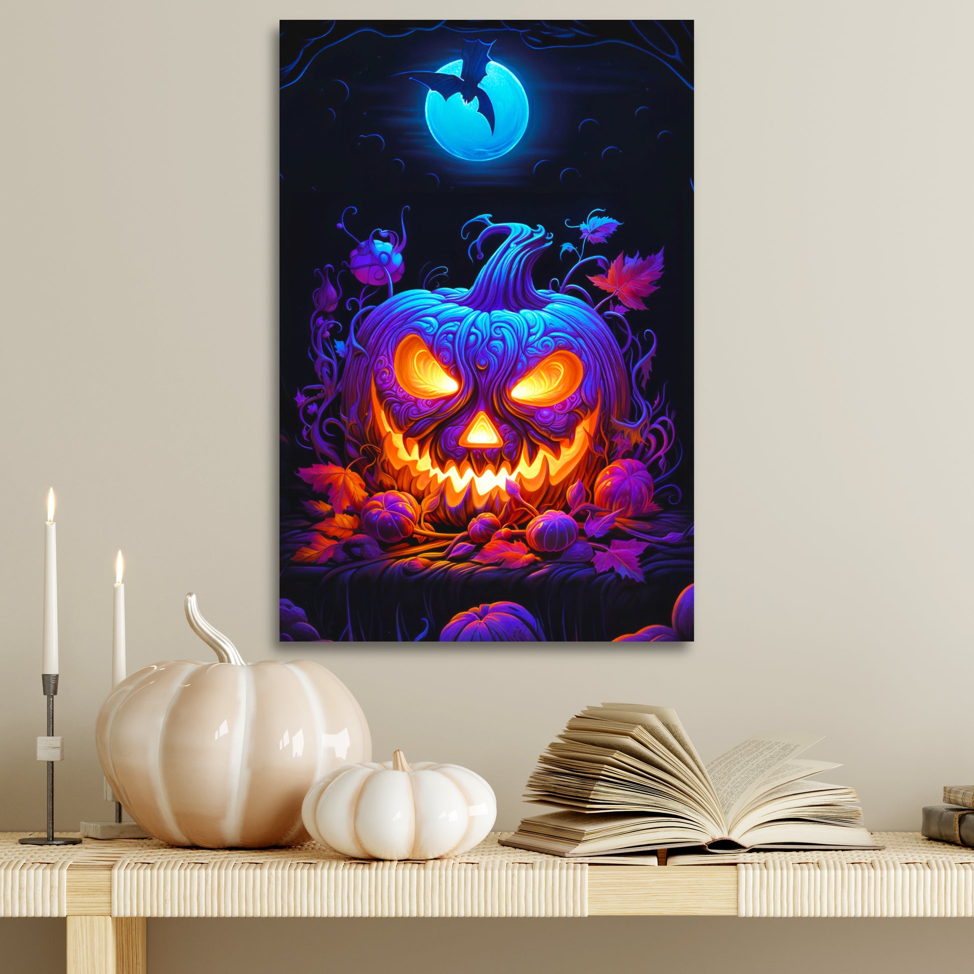 Halloween blacklight jack-o-lantern, jack-o-lantern aesthetic Halloween wall decor