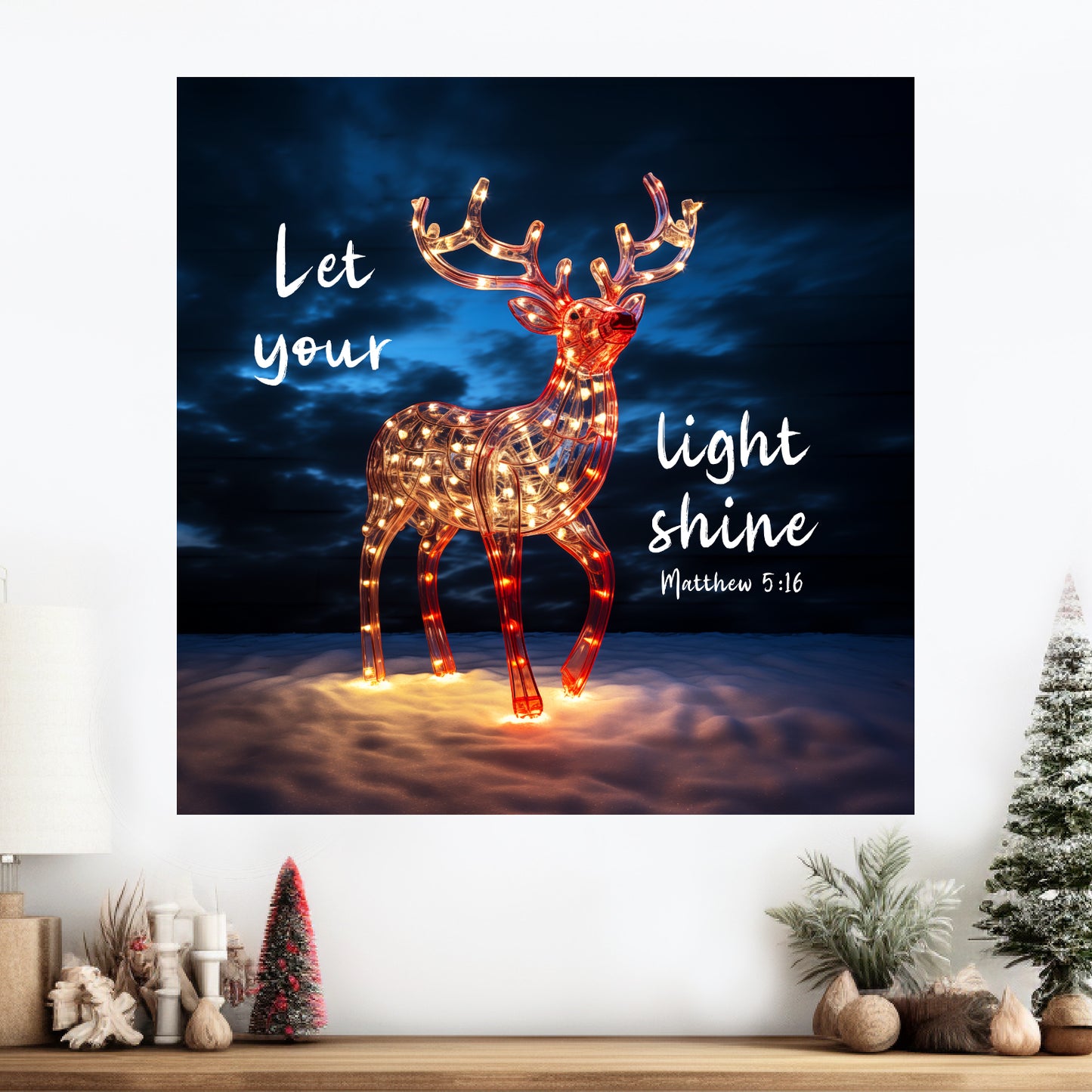 Reindeer canvas print Matthew 5:16, Christmas reindeer canvas print let your light shine