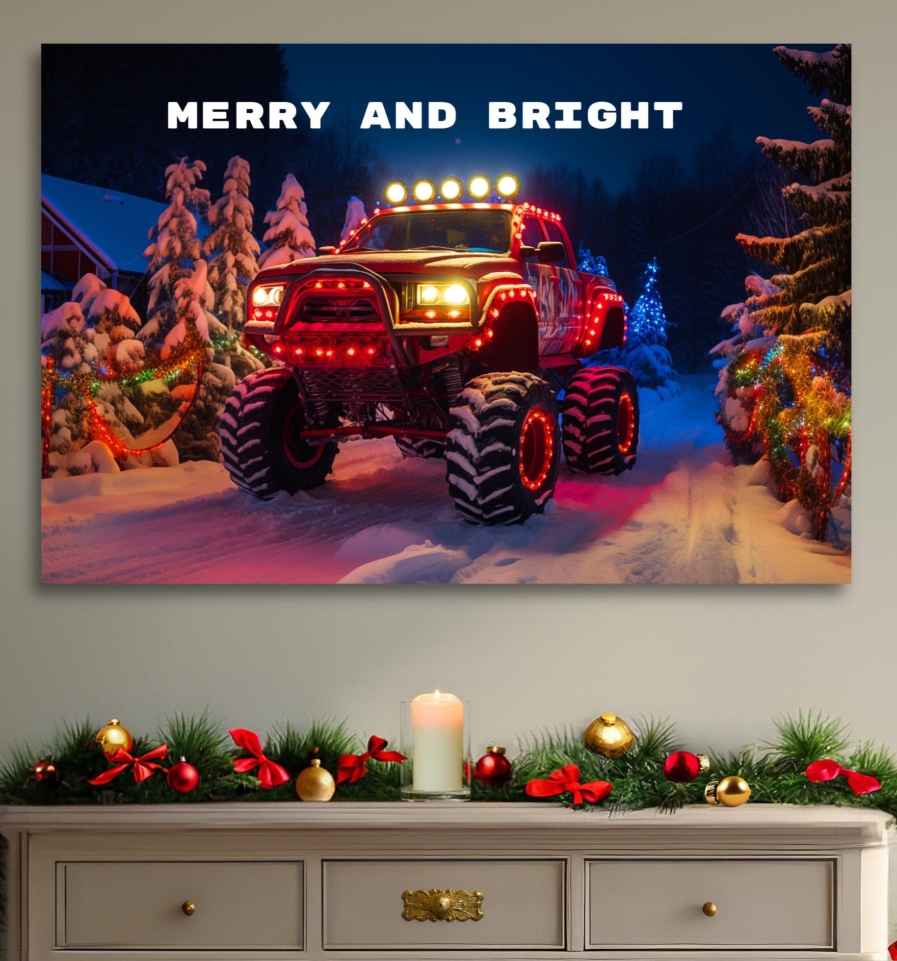 red christmas monster truck canvas prints