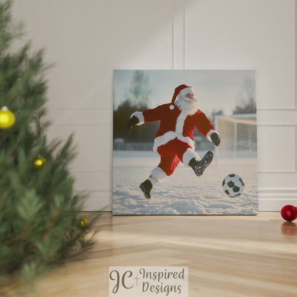 santa claus playing soccer kicking the ball wall art decor gift