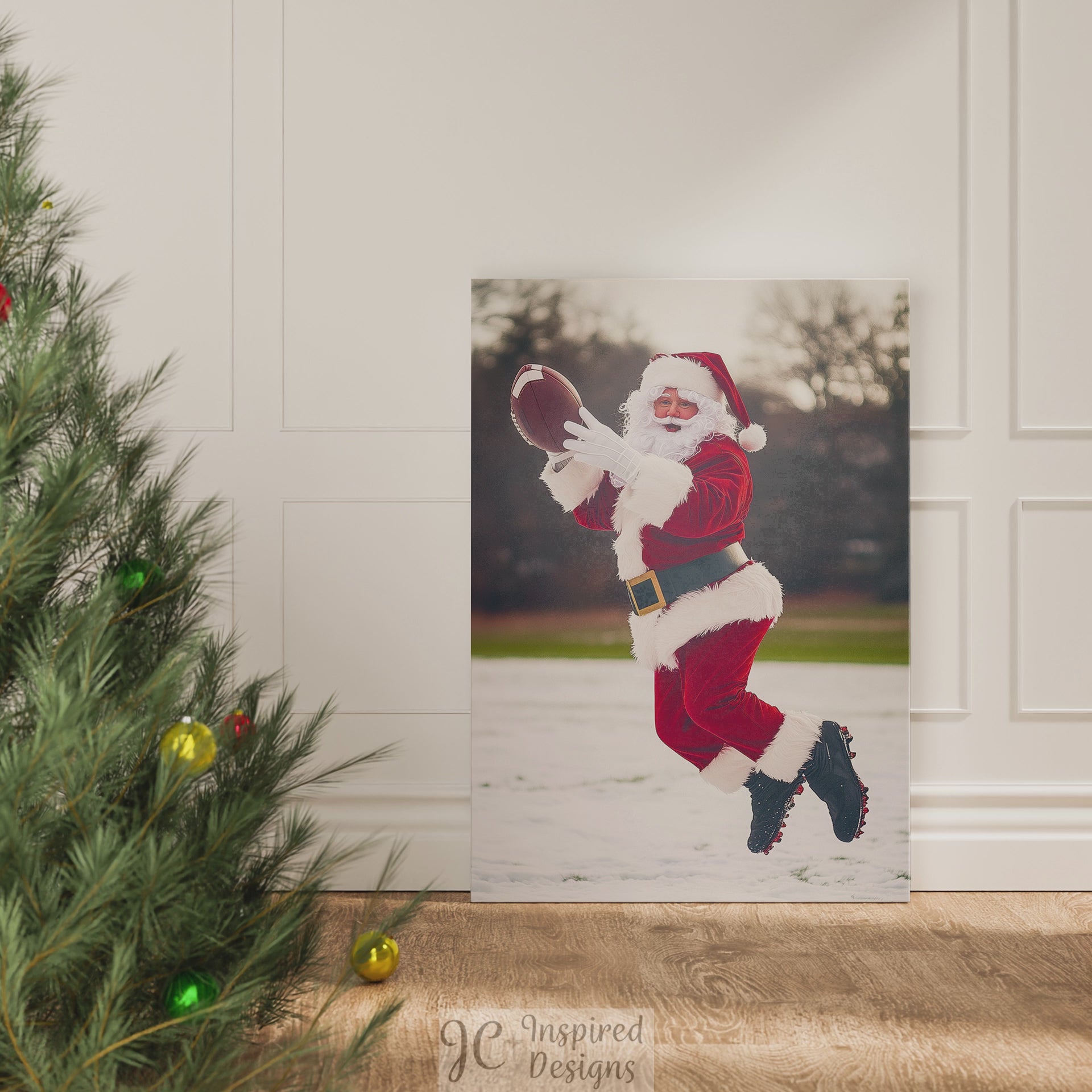 santa claus playing football catching pass wall art decor gift