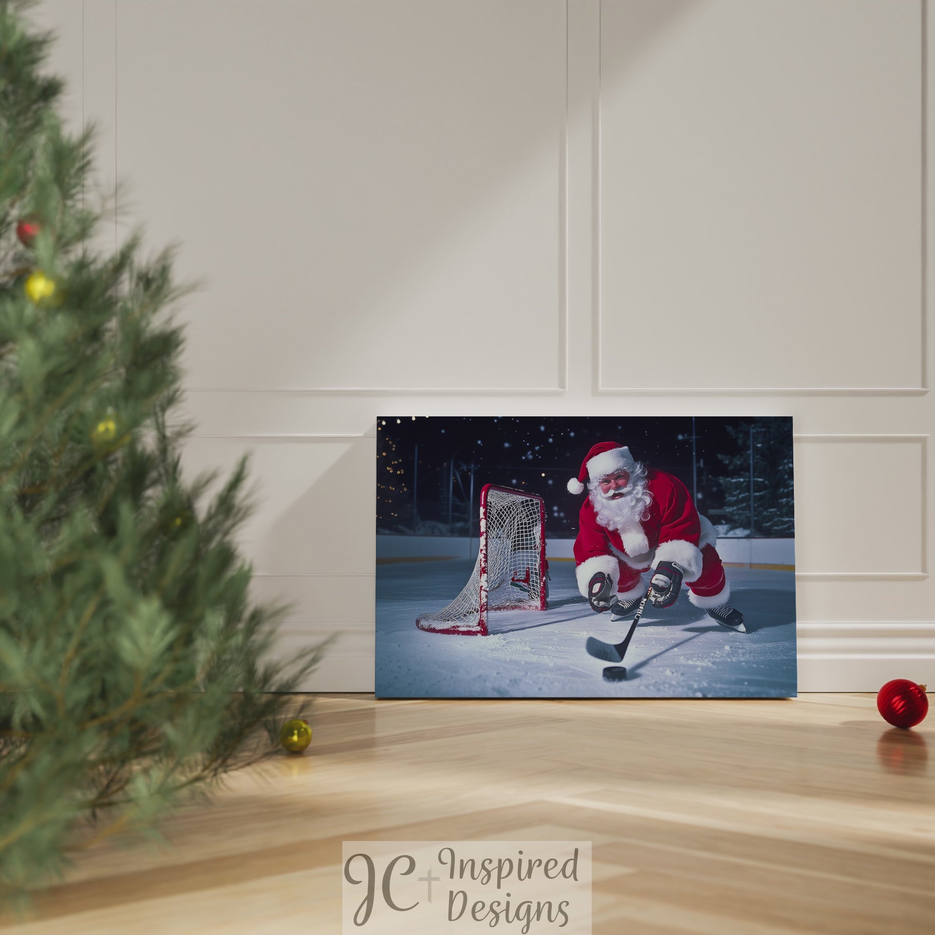 santa claus playing hockey puck wall art decor gift