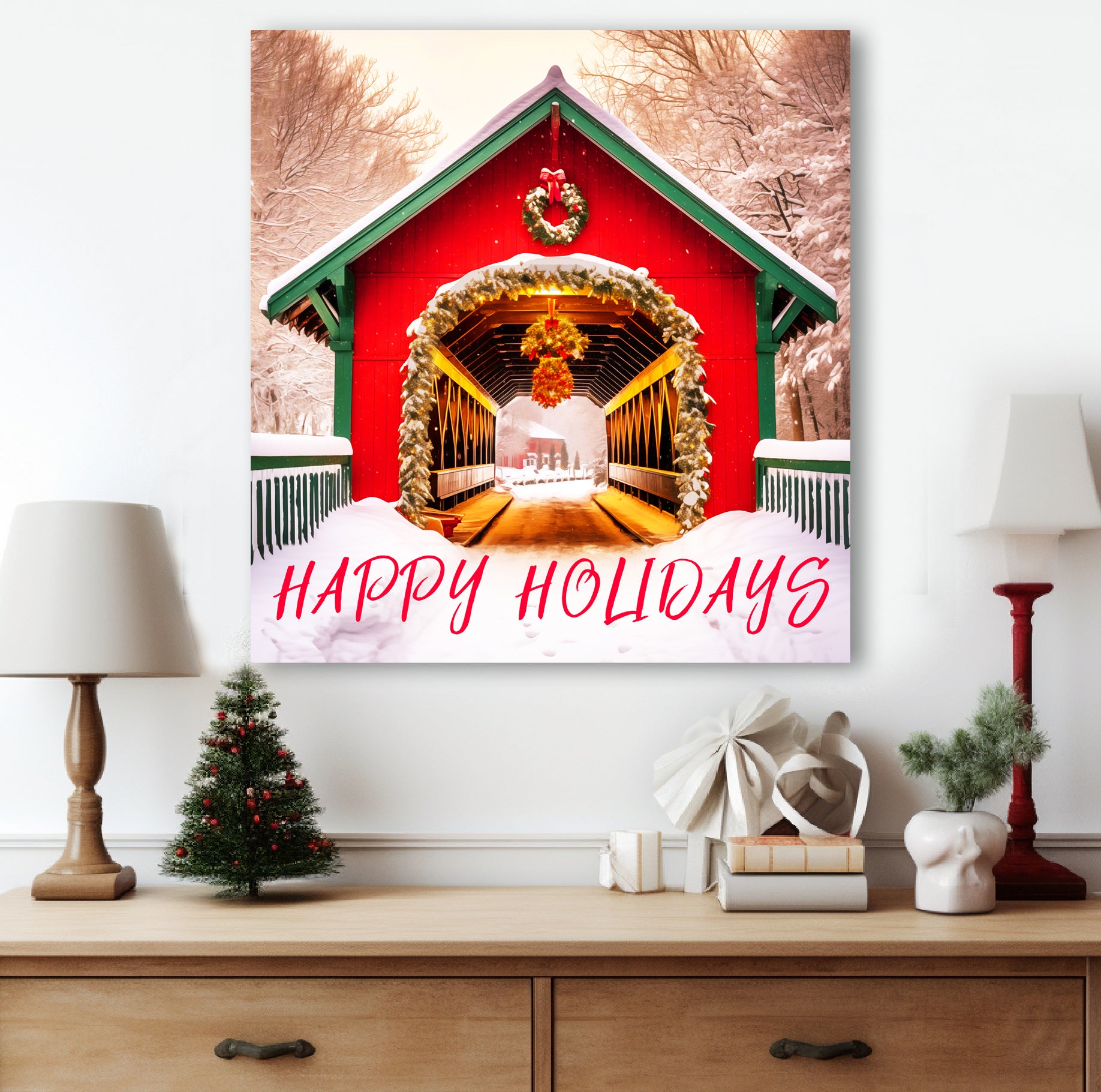 snow covered covered bridge art prints happy holidays