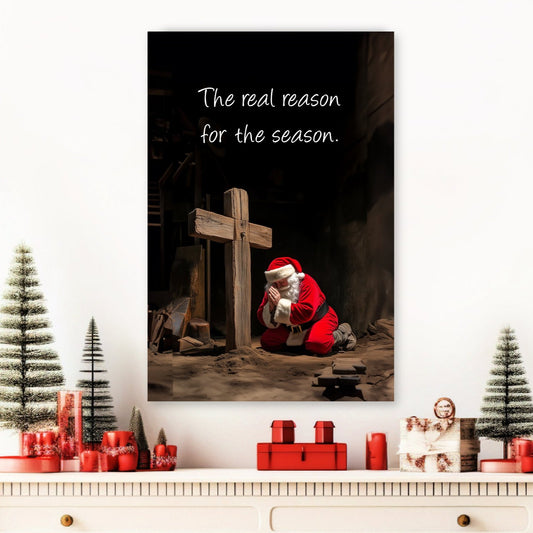 santa claus kneeling at the cross stretched canvas print vertical portrait format red brown white easy ready to hang