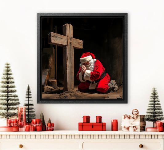 Santa Clause Kneeling at the Cross Canvas Print Christmas Wall Art Decor Woshippping Jesus