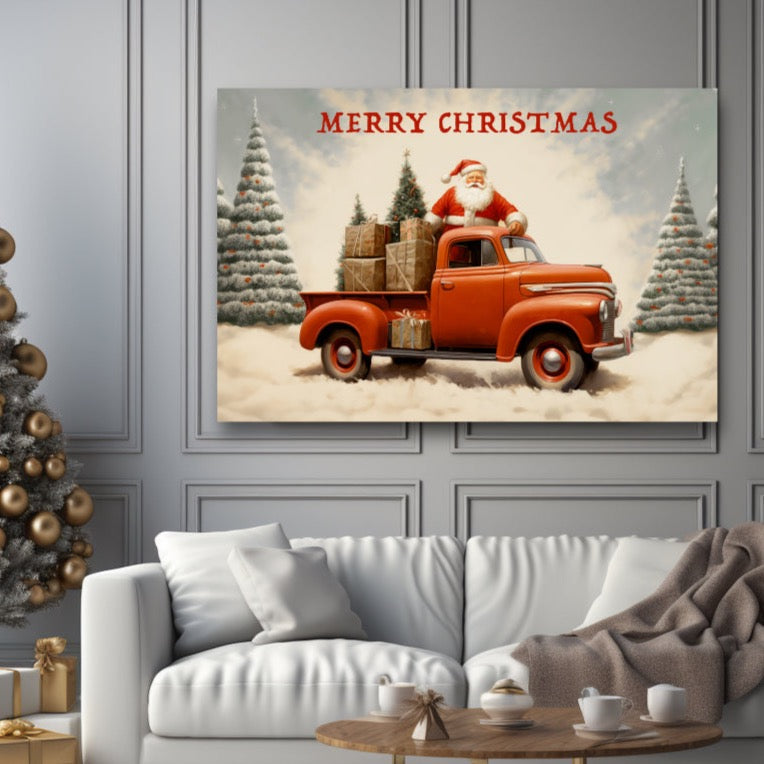 santa with red christmas pickup truck canvas print