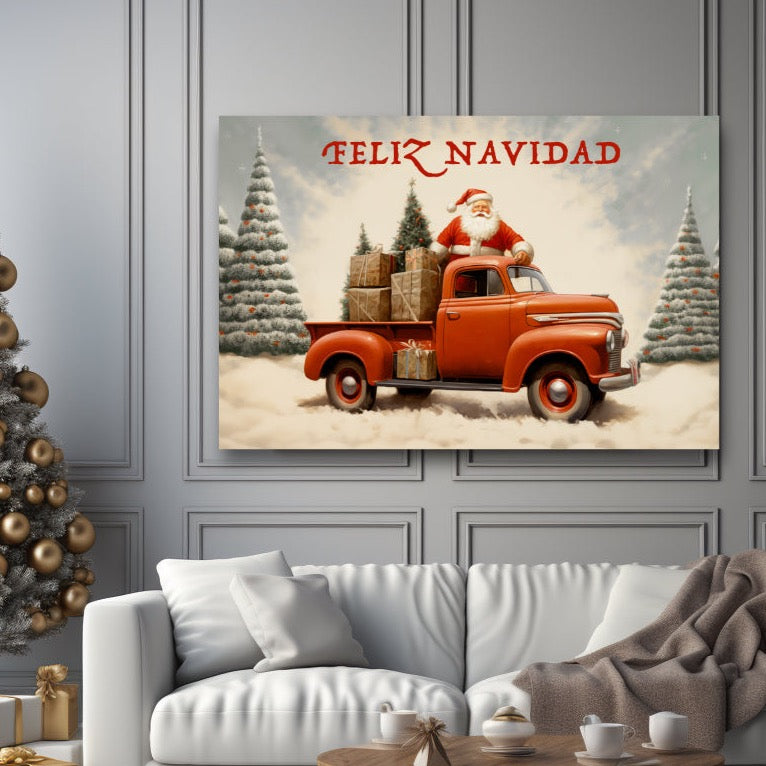 santa claus red christmas truck canvas prints