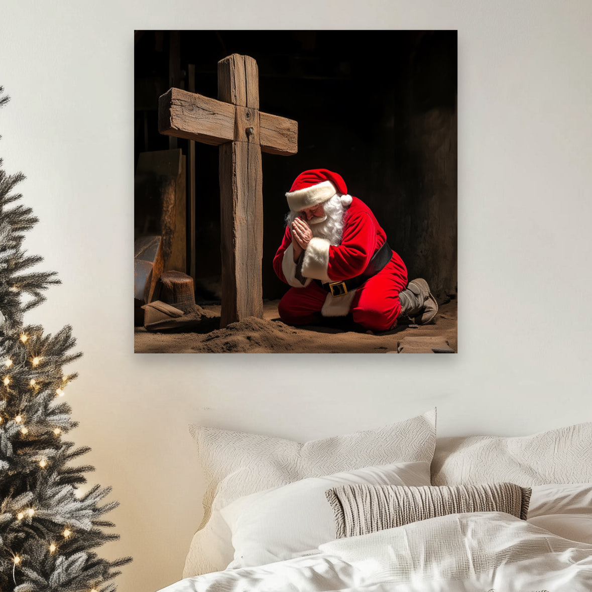 santa worshipping at cross artwork