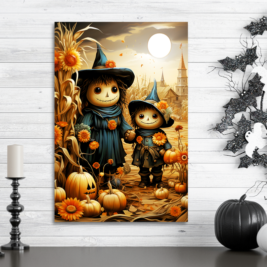 cute scarecrows and sunflowers canvas print, friendly scarecrows with sunflowers wall decor art