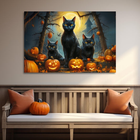 Halloween cute black cat aesthetic wall decor, Halloween aesthetic cute cartoon black cats canvas prints