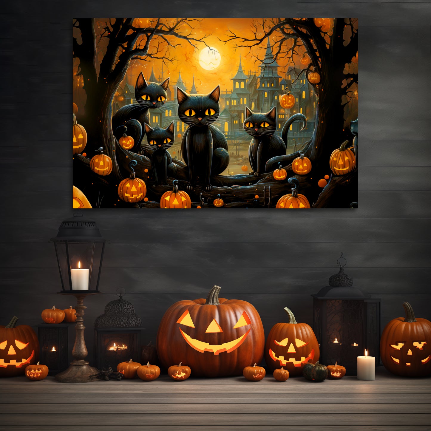 Halloween cute black cat aesthetic wall decor, cute black cats with Jack-o-Lanterns Halloween wall art