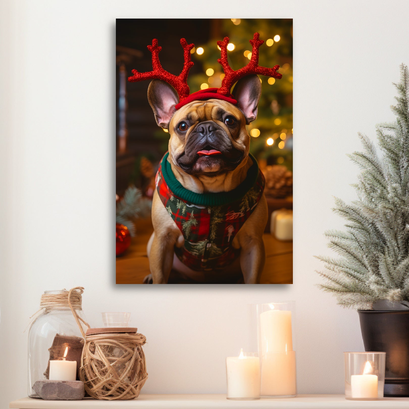 Bulldog wearing reindeer antlers canvas print