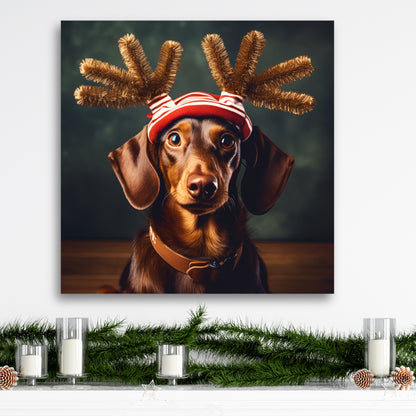 Dachshund wearing reindeer antlers canvas print
