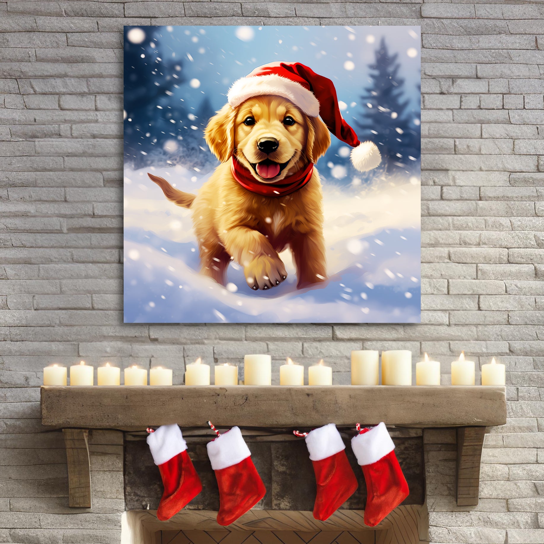 Christmas Golden Retriever puppy canvas print, Cute Golden Retriever puppy wearing Santa hat