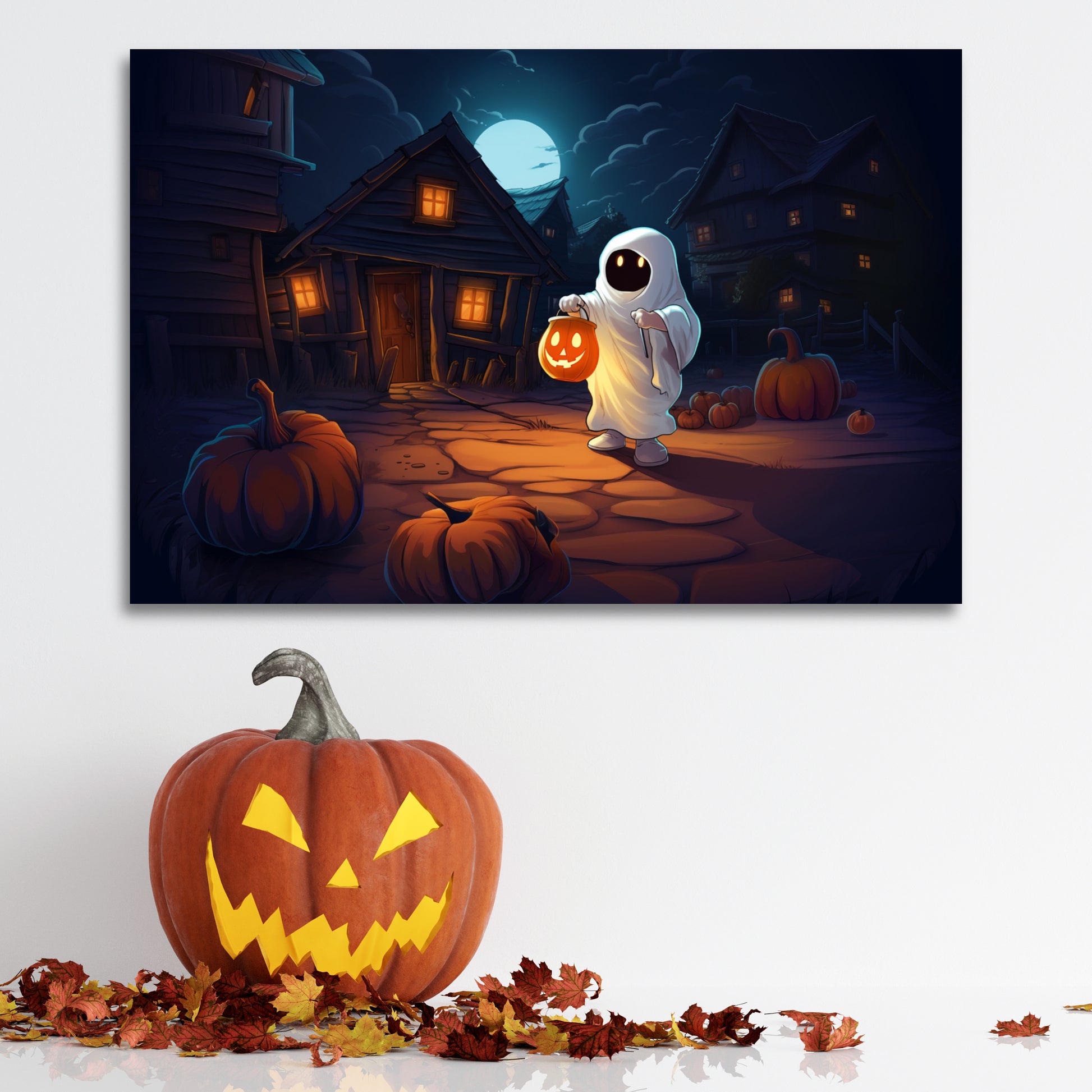 aesthetic halloween ghost canvas print, child dressed as ghost trick-or-treating canvas print wall decor