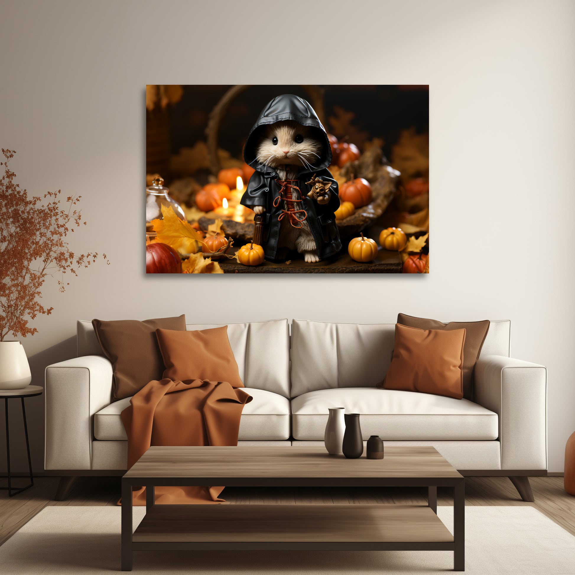 adorable mouse trick-or-treater aesthetic Halloween wall decor, trick-or-treating mouse Halloween wall decor