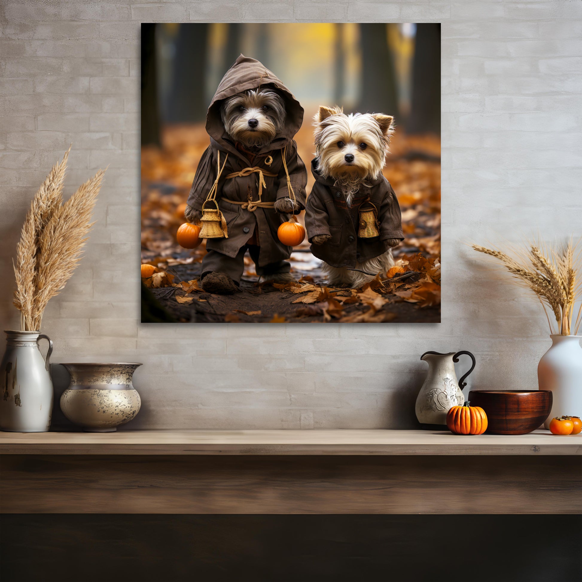 Dog trick-or-treaters canvas print, halloween dogs wall decor art prints