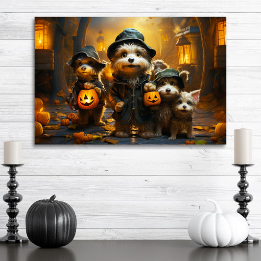 Dog trick-or-treaters canvas print, halloween dog wall decor