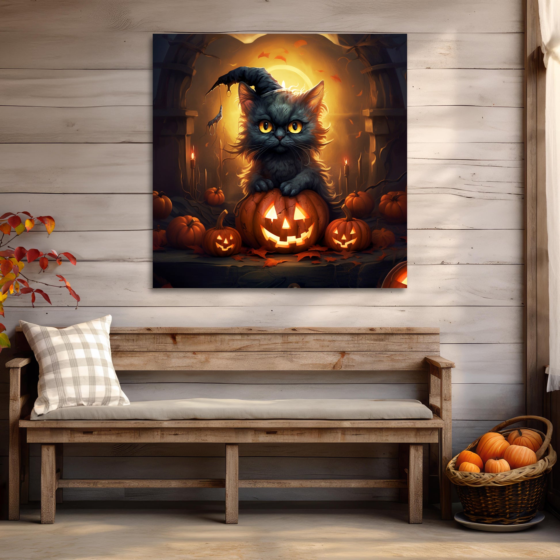 Halloween aesthetic black cats canvas prints, Halloween black cat aesthetic wall decor