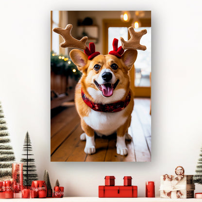 Pembroke Welsh Corgi wearing reindeer antlers canvas print