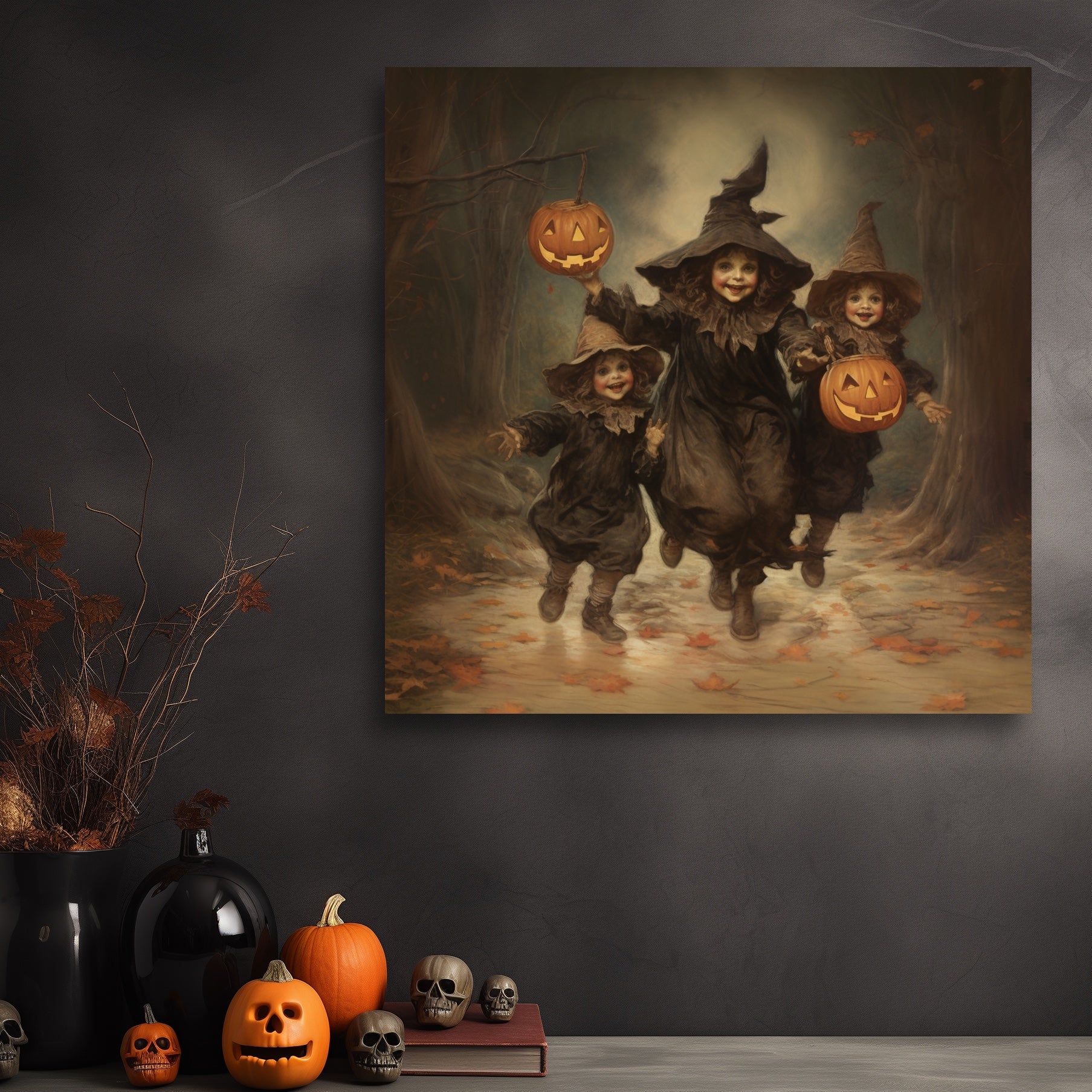 aesthetic halloween canvas print witches trick-or-treating, witch trick or treaters wall decor canvas art print