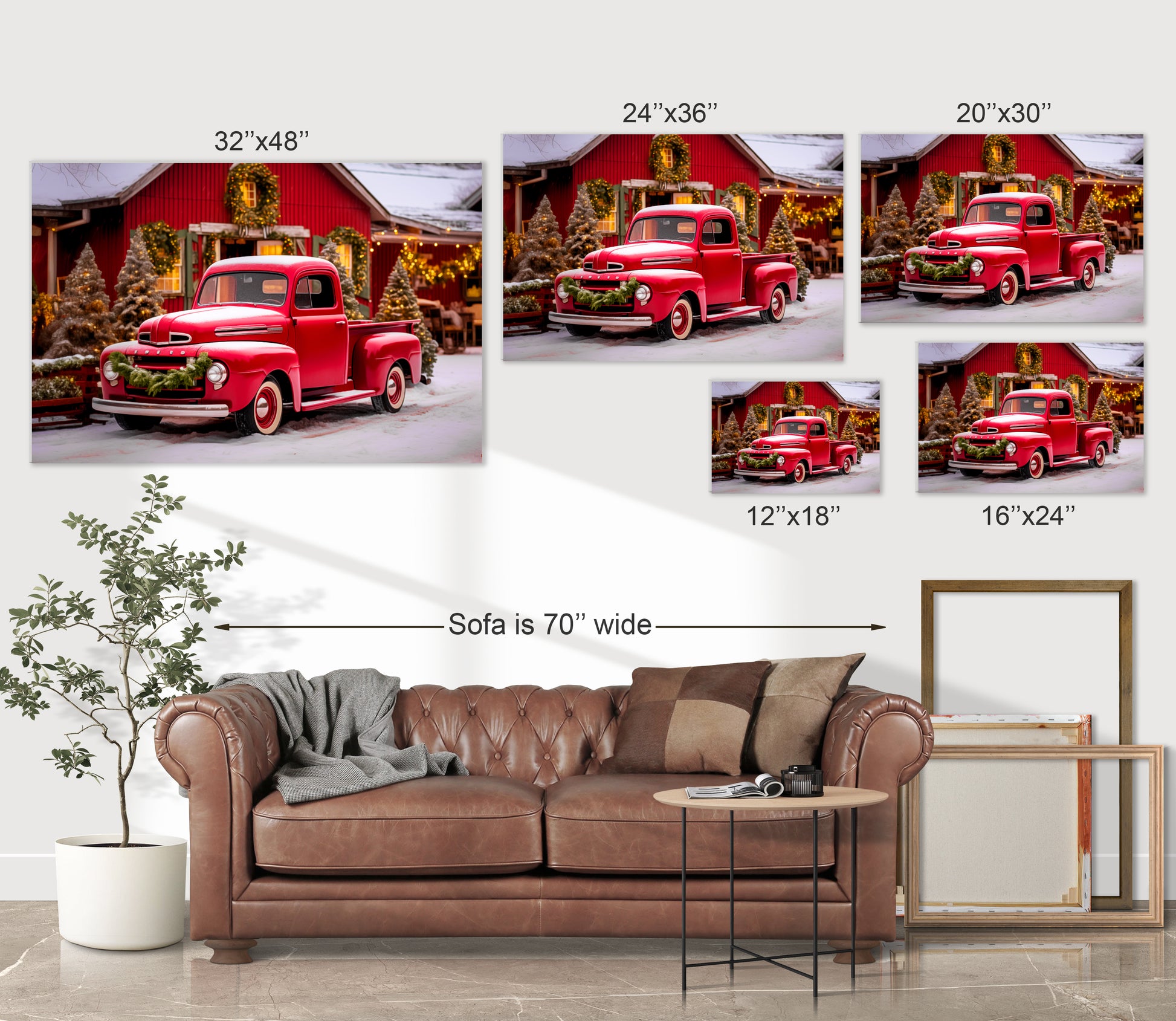 red christmas pickup truck canvas prints
