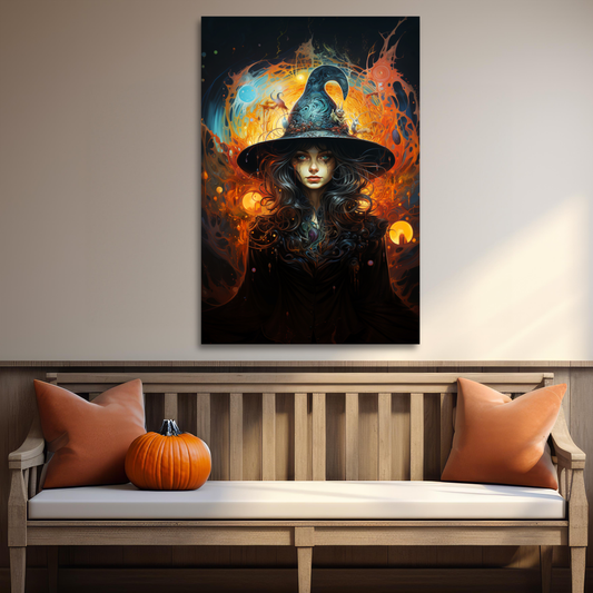 psychedelic witch canvas print, pretty witch wall decor art