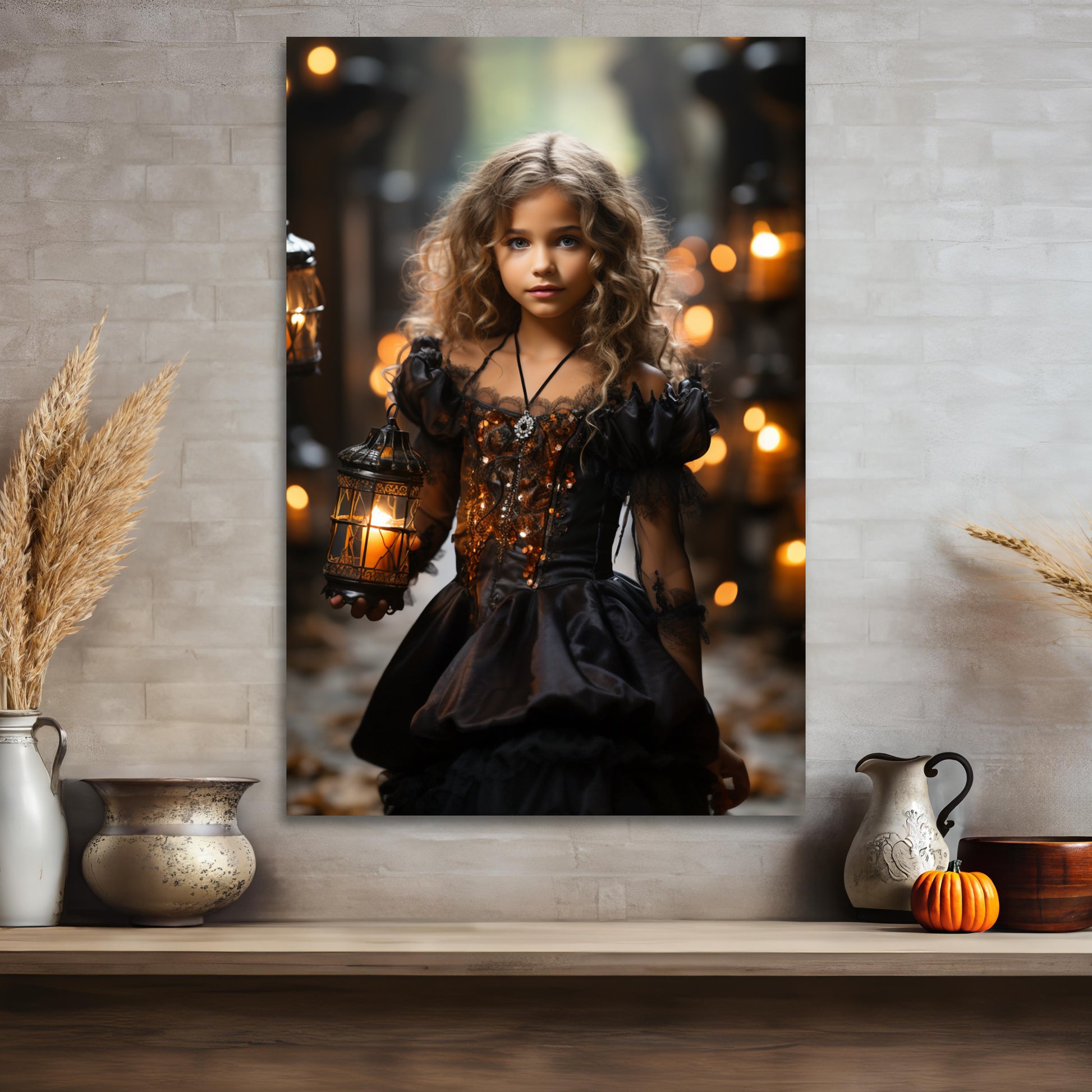 beautiful young girl trick-or-treating canvas print