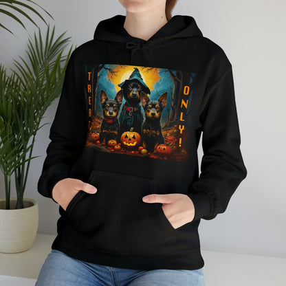 women’s halloween sweatshirt, dog trick-or-treaters hooded sweatshirt